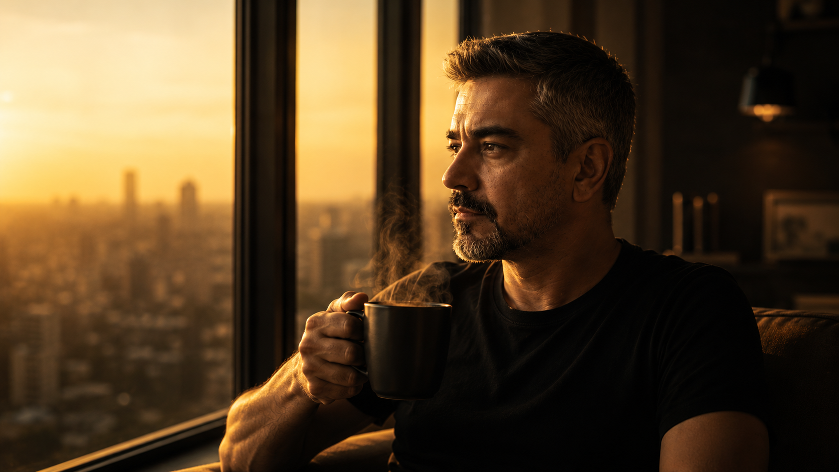 Líder contemporâneo em escritório elegante ao entardecer